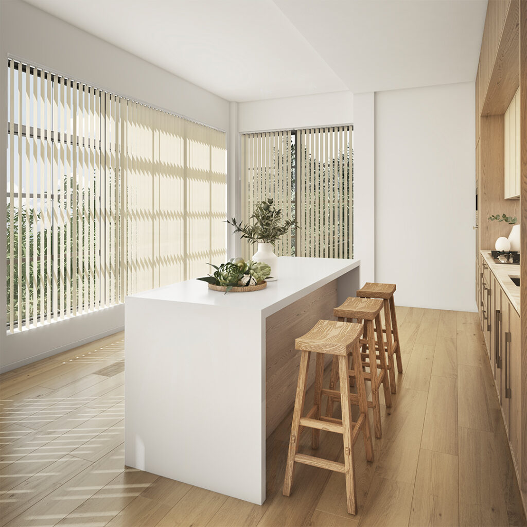 Light cream vertical blinds in a bright modern kitchen with large sunlit windows