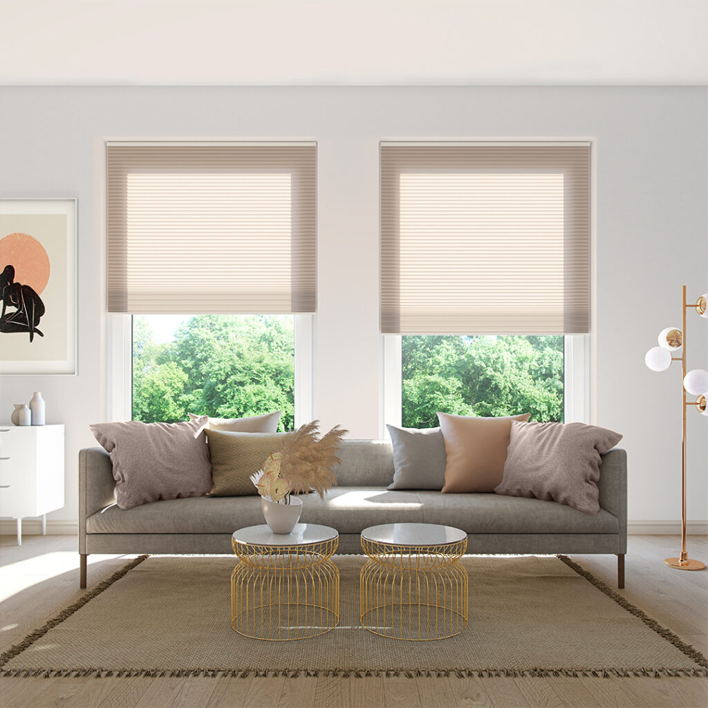 Neutral pleated blinds in a bright modern living room with soft natural light