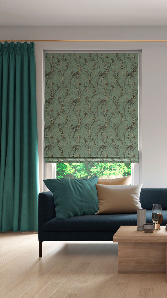 Made-to-measure Roman blind and curtains fitted in a living room