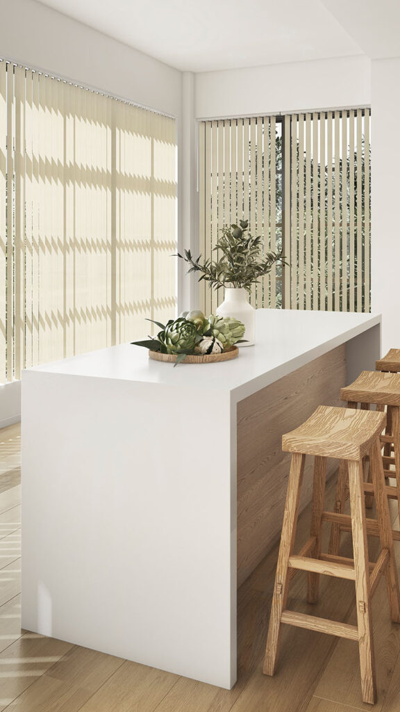 Cream vertical blinds fitted to large bay windows in a modern dining area