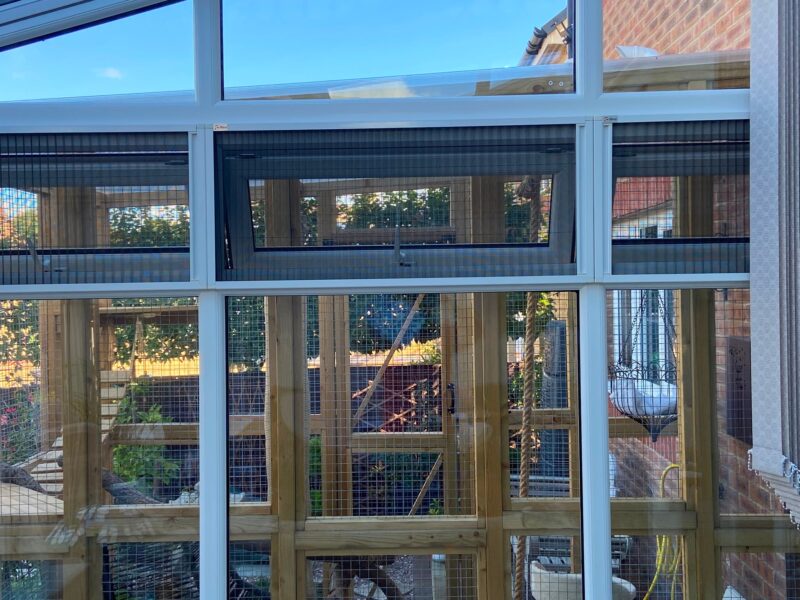 Individual fly screens fitted to opening windows in a glazed room in Towcester